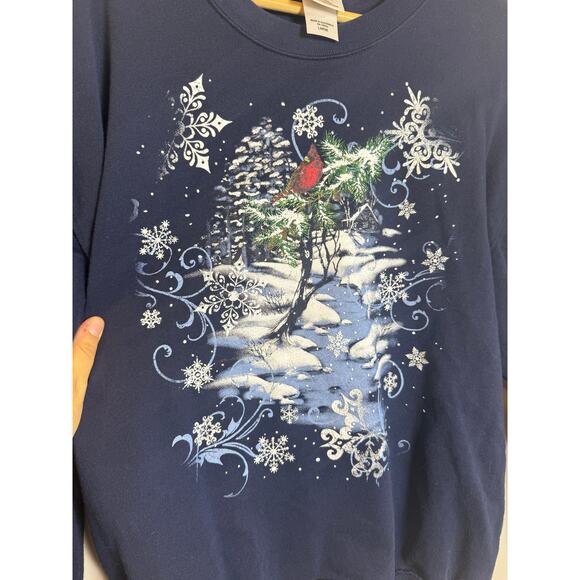 Women’s Navy Blue Crewneck Cardinal Winter Cabin Snow Graphic Sz L - Picture 2 of 3